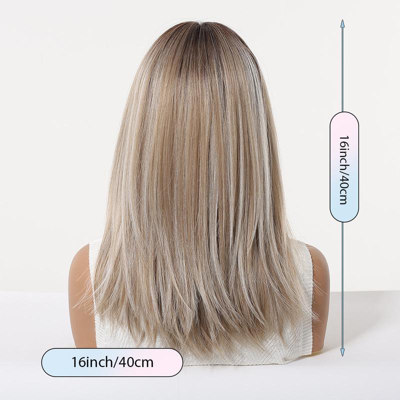 LOUIS FERRE Brown Base Blonde Highlights Medium Straight Layered Wig With Bangs Synthetic Hair Heat Resistant Women Daily Party