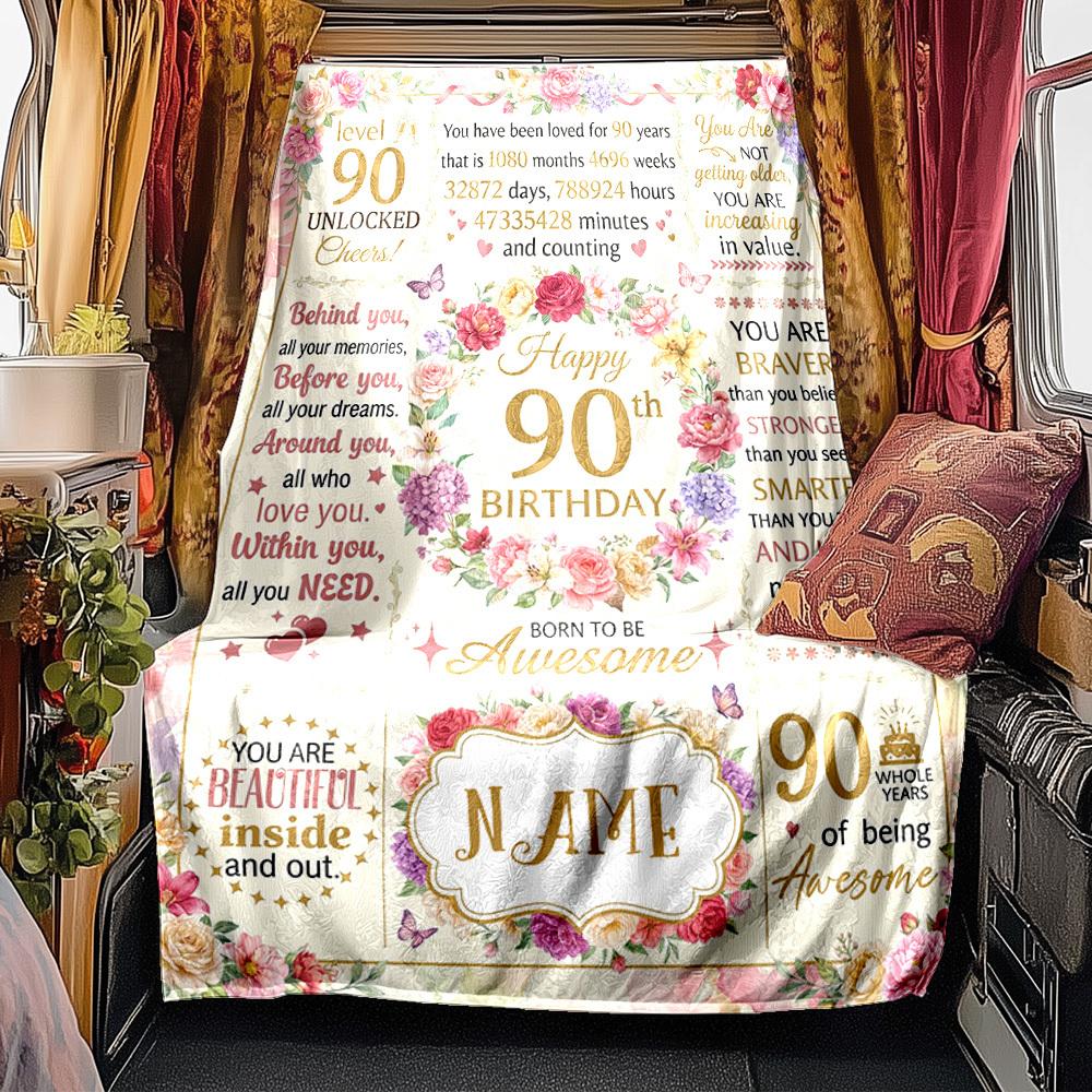 Elegant 90Th Birthday Celebration Poster Design Blanket Personalized Name Soft Comfortable Stylish Blanket Car Blanket Perfect For Travel Camping