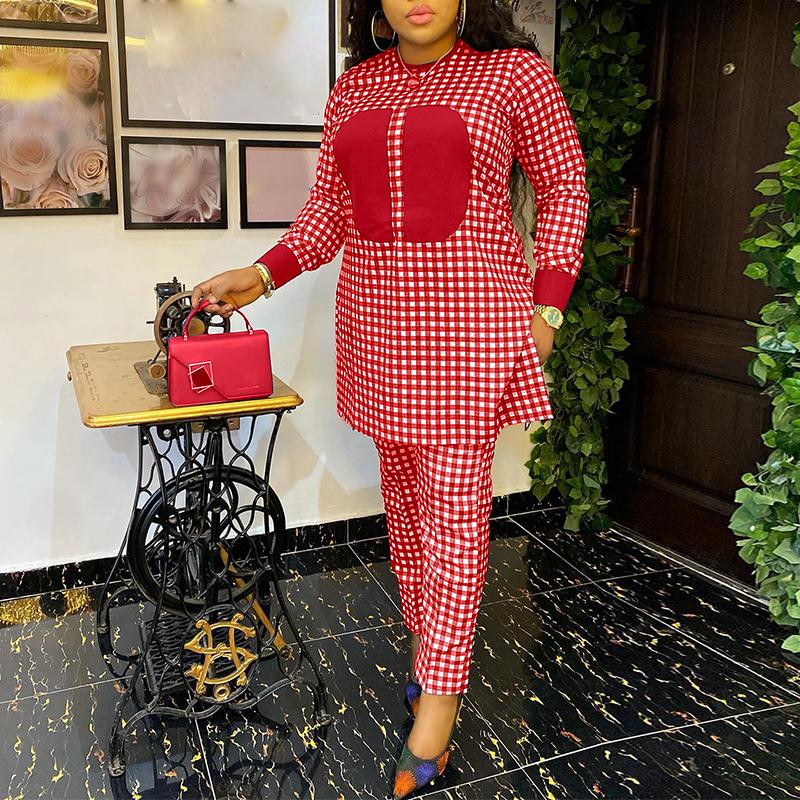 Damen Sommer Große Größe Rundhals Langarm Plaid Lose Tops und Hosen Set