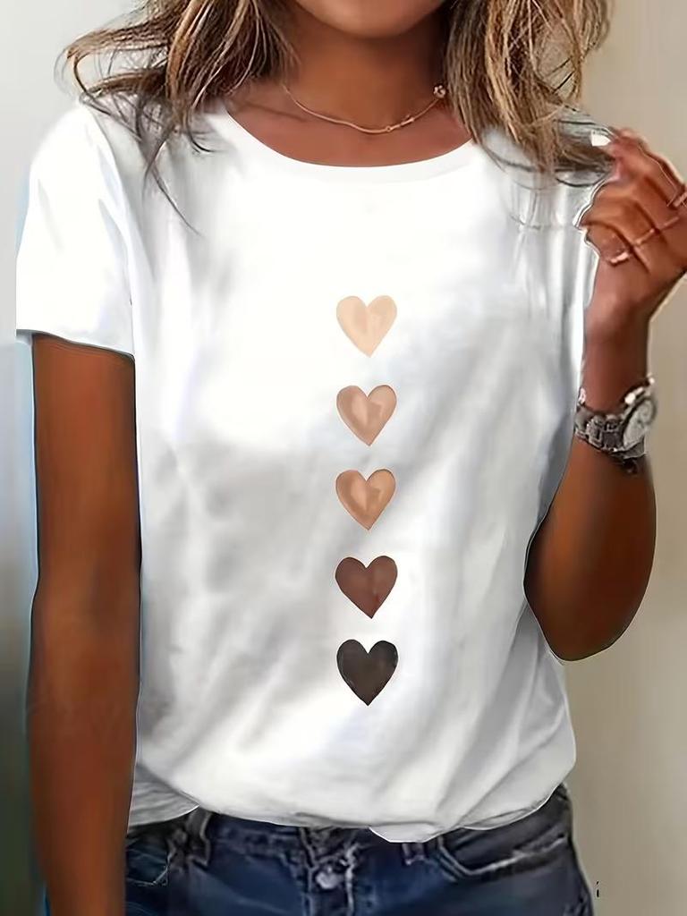 Women Heart Print Short Sleeve T-Shirt Casual Round Neck Summer Graphic Tee
