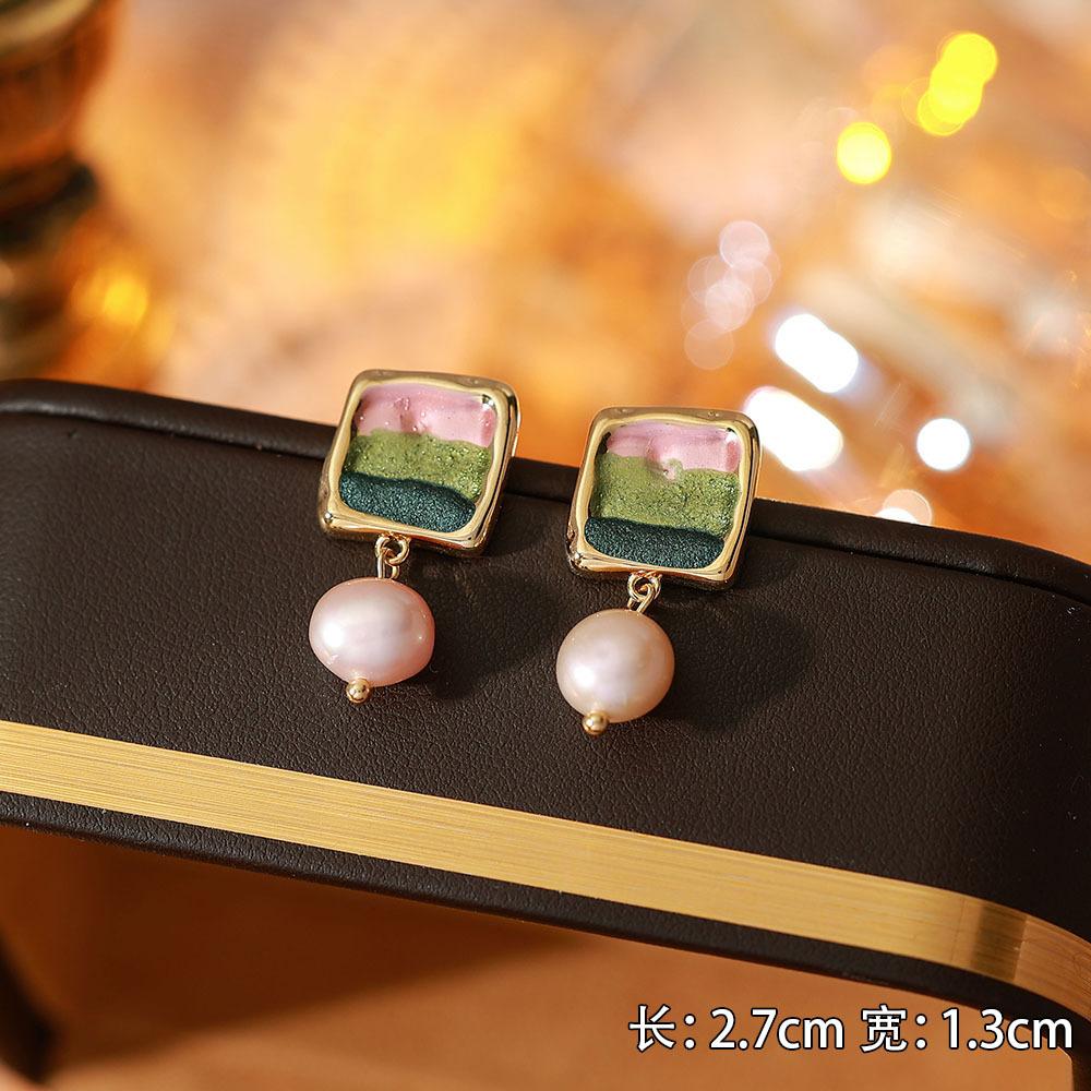 Ainibenni Original Design Enamel Painted Earrings for Women, Monet Garden Oil Painting Style Stud Earrings