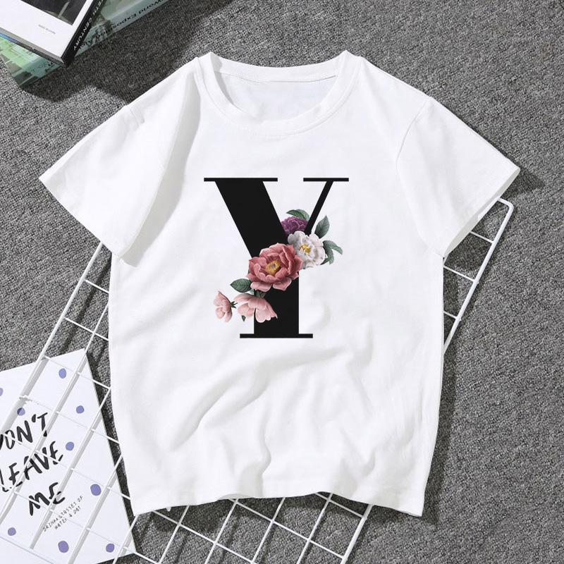 A B C D E English Alphabet Print T Shirt Women Short Sleeve Couples Lovers Female