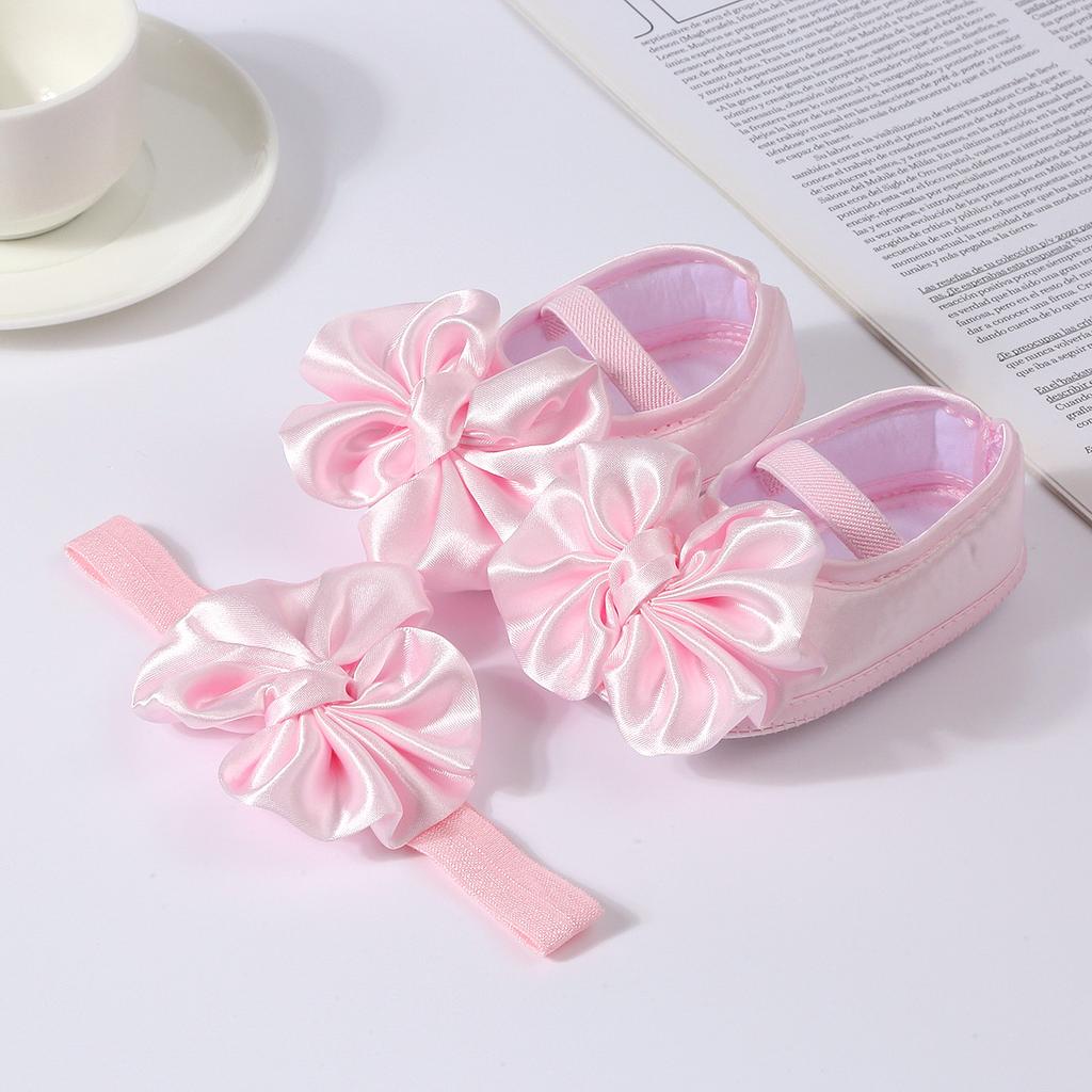 Girls Solid Color First Walkers Shoes & Big Bow Headband Set - Soft Sole Non-slip Toddler Shoes with Grip Dots