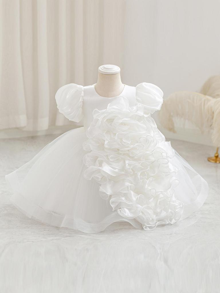 Girls' 3D Flower Princess Dress: First Birthday Puff Sleeves and Puffy Skirt
