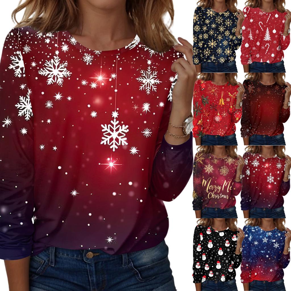 Dámská móda Ležérní Vánoční potisk Kulatý výstřih Dlouhý rukáv Pulovr Top