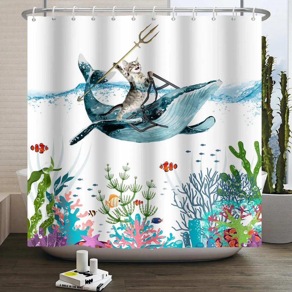 Funny Cat Shower Curtain Cartoon Cute Cats Dog Kids Shower Curtain for Bathroom Waterproof Polyester Home Decor Shower Curtains