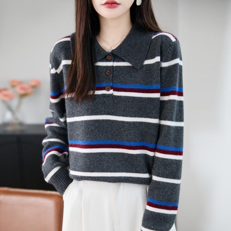 Korean Striped Knit Polo Sweater - Women's Autumn/Winter, Thick & Warm, Age-Reducing, Versatile Top
