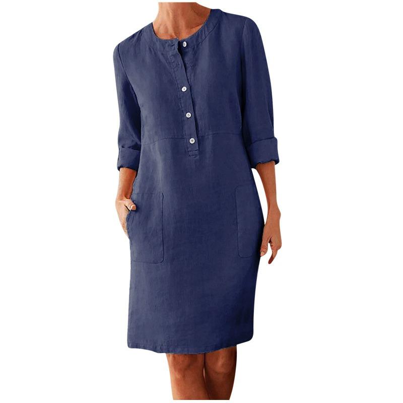 Large Size Women's Cotton and Linen Round Neck Long Sleeved Dress