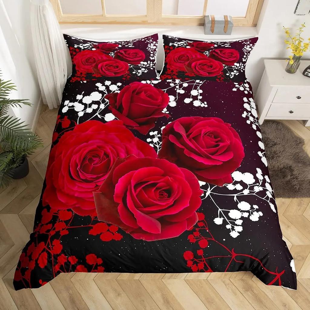 Pink Rose Duvet Cover Set Queen Size 3D Printed Rose Floral Bedding Set Botanical Blossom Flowers Microfiber Comforter Cover