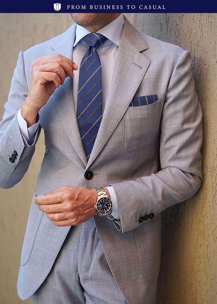 [HISDERN] Business Necktie for Men, Blue, Wedding, Tie and Pocket Square Set, Formal, Striped Pattern, Necktie for Job Hunting, Interviews, Entrance