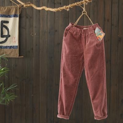 Women's Autumn and Winter Literary Retro Padded Leisure Pants Solid Color High Waist Elastic Harlem Pants