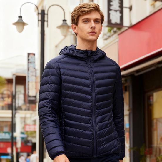 Men Down Coat Hooded Lightweight Warm Winter Jacket Long Sleeve Zipper Closure Windproof Cold Weather Outerwear