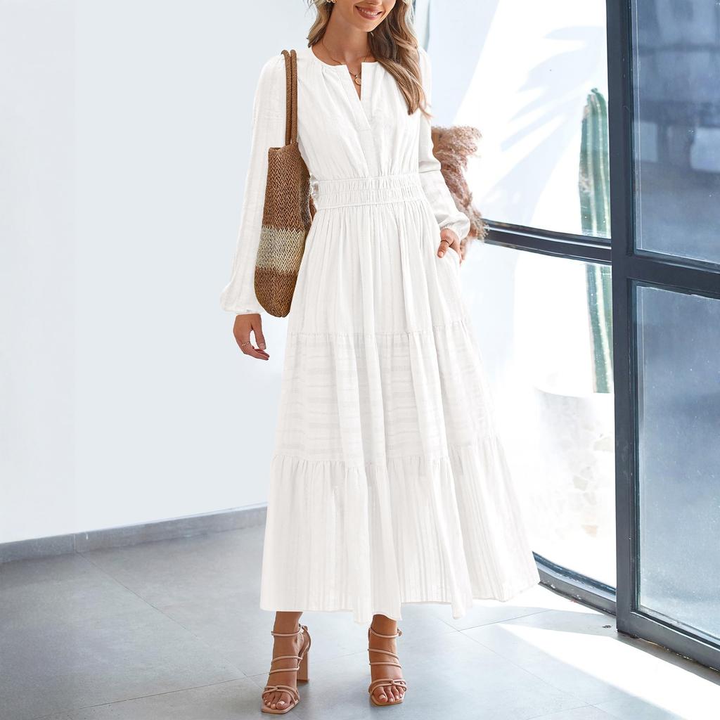 Women's Fashion V-neck Pleated, Waist-cinching, Wide-swing Long-sleeved Dress