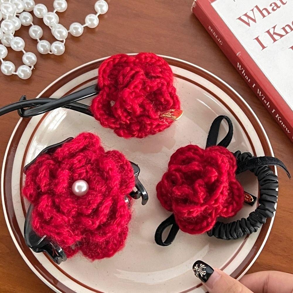 Knitted Wool Flower Hair Rope Wool Rubber Hair Tie Gift Rose Flower Hair Claw  Streetwear
