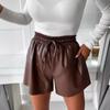 Pantaloncini estivi retrò a vita alta con coulisse in pelle PU a gamba larga in pelle Pantaloncini da donna