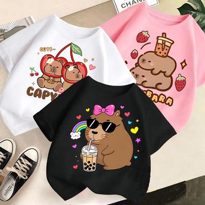 Children T-shirt Capybara Printed Kids 100% Cotton Clothes Tops 2-13Y Loose-fit Casual Crew Neck Short-sleeve T-shirt