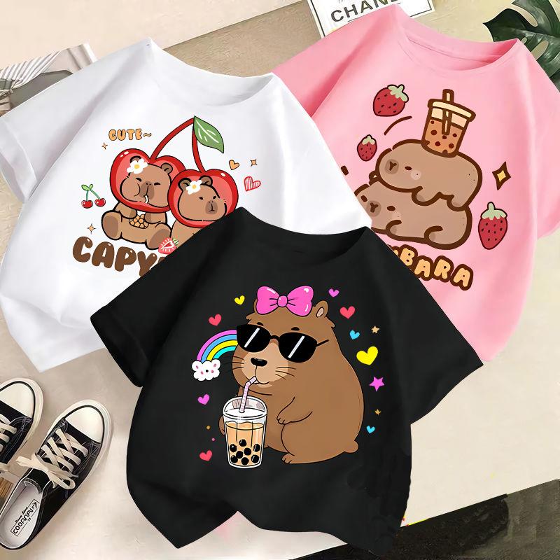 Kinder T-Shirt Capybara Aufdruck Kinder 100% Baumwolle Kleidung Oberteile 2-13J Locker geschnitten Lässig Rundhalsausschnitt Kurzarm T-Shirt