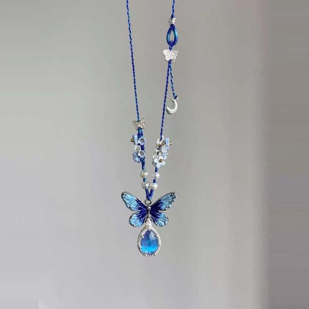 Blue Water Drop Pendant, Butterfly Flower Necklace, Simple and Versatile Necklace.