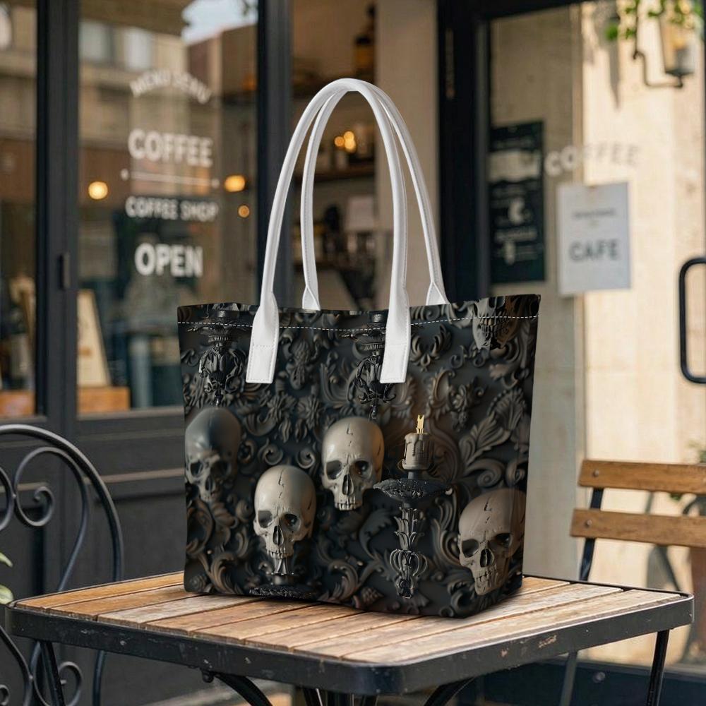 Gothic Skull Pattern Shoulder Bag Dark Style Daily Use Tote Bag Vintage Skull Decor Handbag 