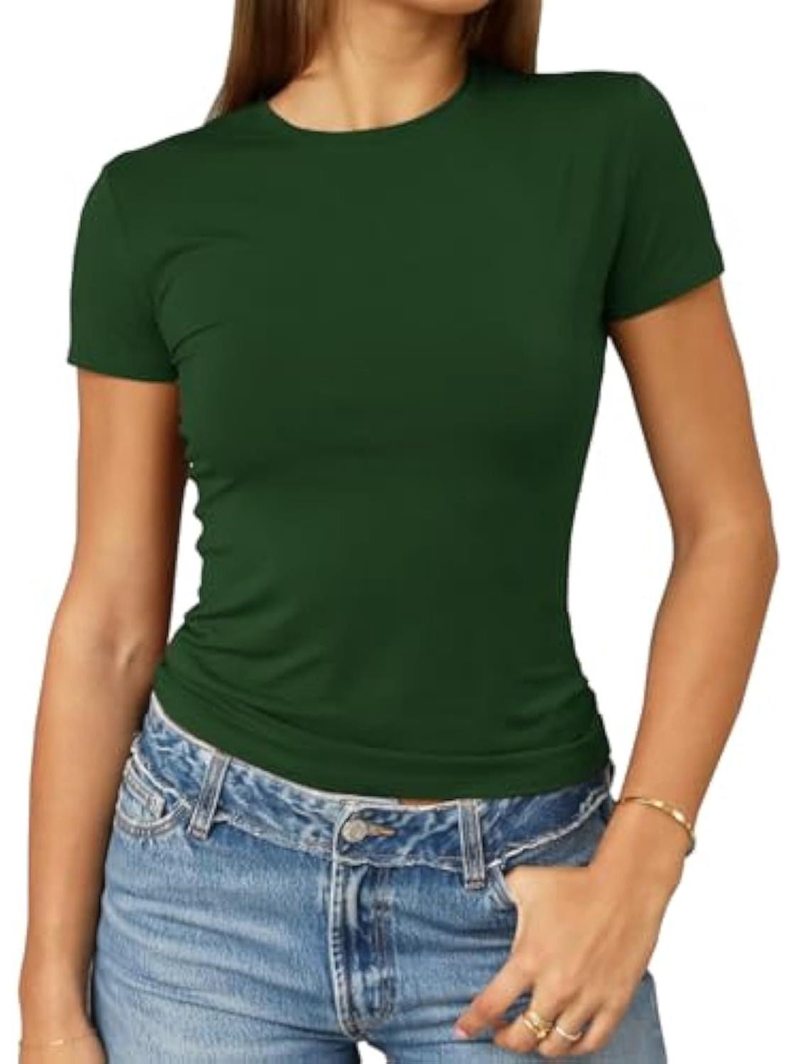 

Women s Solid Color Slim Fit Short Sleeve Round Neck T-Shirt - Everyday Essential Casual Top Medium темно-зелений колір
