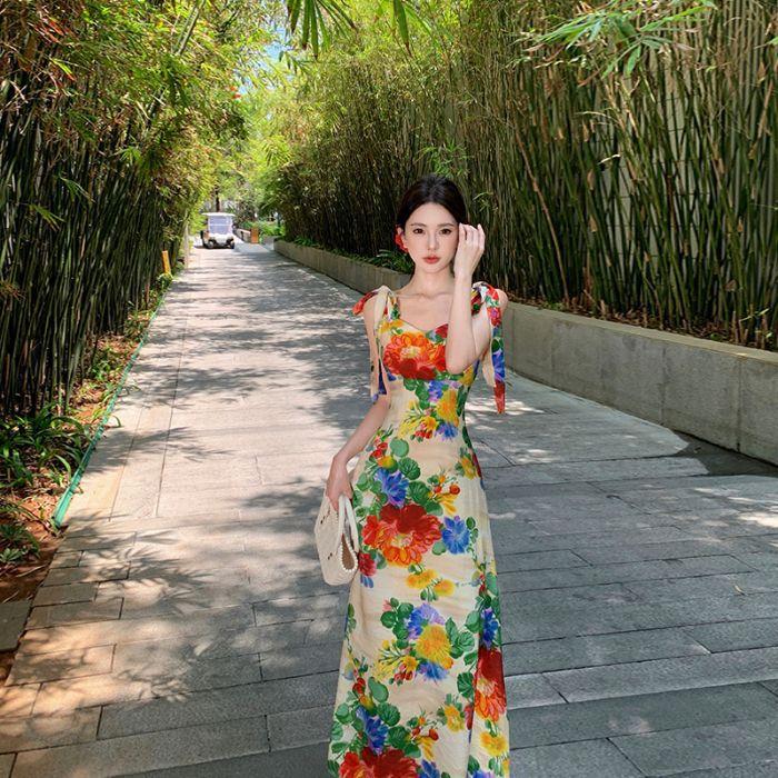 New Women's Back-length Printed Dress Summer Large Sleeveless Suspender Skirt