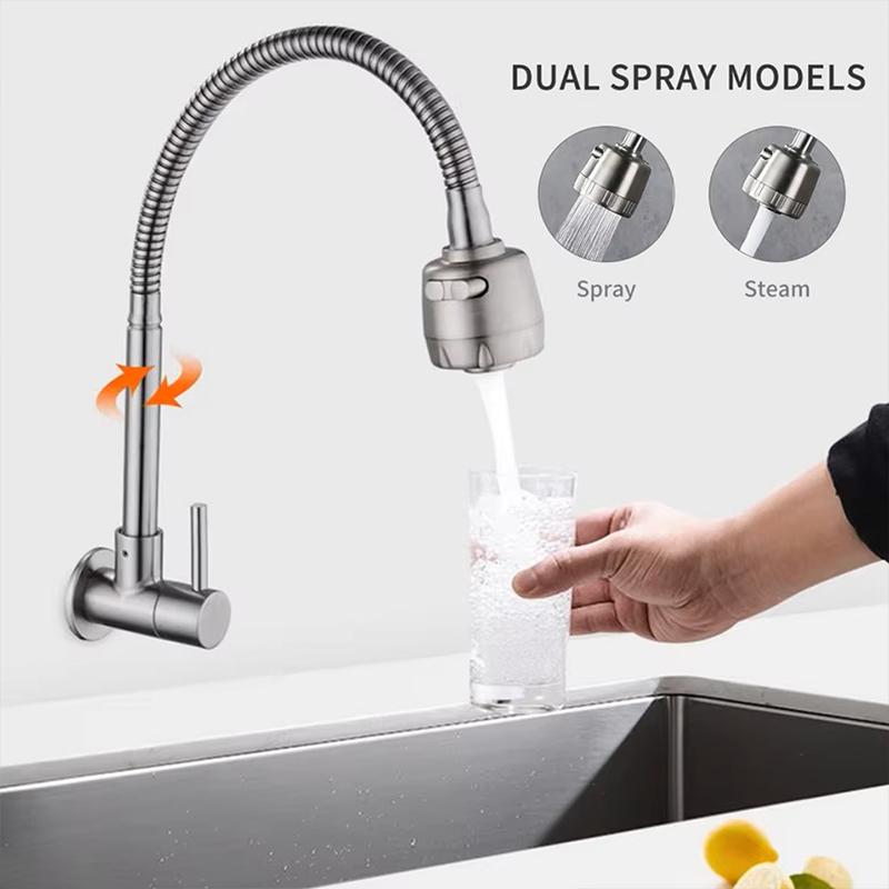 Brushed Wall-mounted Kitchen Single Cold Water Faucet 304 Stainless steel Mop Pool Faucet 2 Water Modes Single Handle