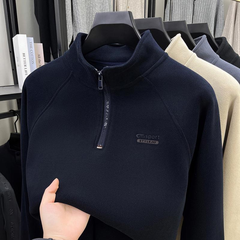 - "Warm Wool Sherpa Fleece Half-Zip Sweatshirt with Stand Collar - Double-Sided Velvet for Autumn/Winter"