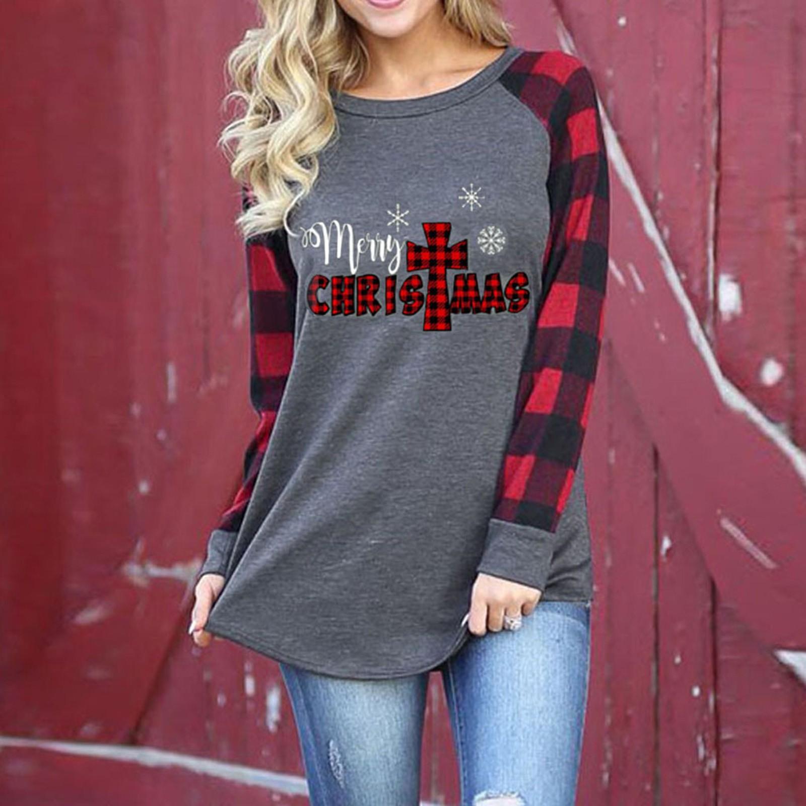 

Casual Long-Sleeved Round Neck Stitching Plaid Christmas Pattern T-Shirt Top