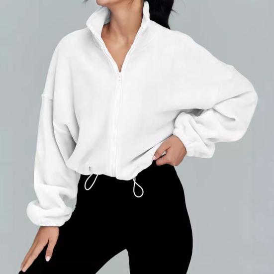 Women's Zip Drawstring Fleece Short Jacket Full Hem Stand Collar Warm