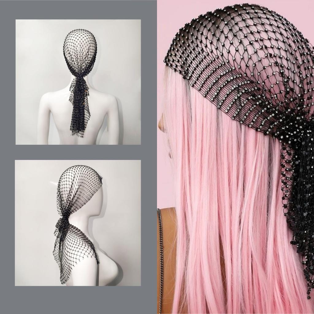 Rhinestone Fishnet Face Veil, High-End Photo Prop, Stylish & Creative Grid Sparkly Headpiece Head Veil Accessory
