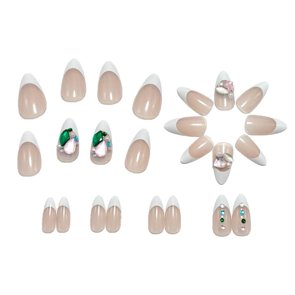 French Rhinestone Almond Nail Stickers - Light Luxury Slimming Tips for Brightened Skin Tone.