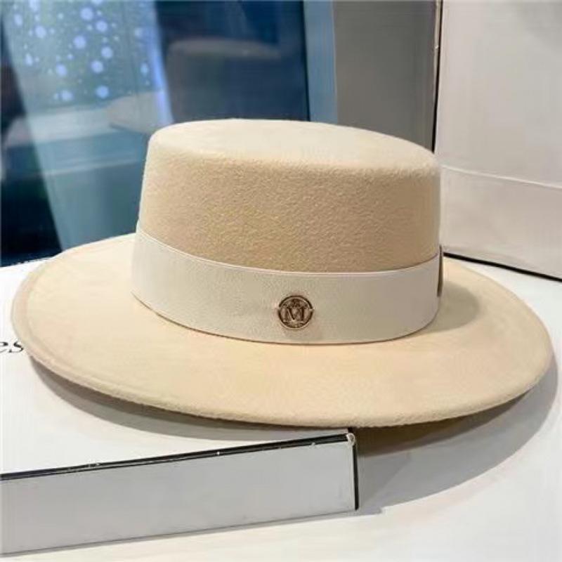 British Retro Style White Fashion Woolen Jazz Top Hat Women's Hat Trendy Brand French Celebrity Versatile Flat Top Hat