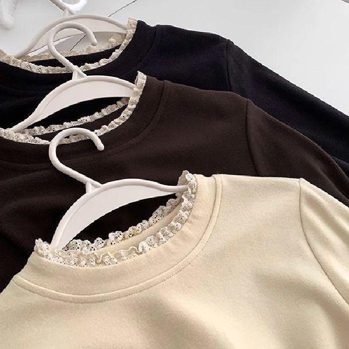 Women's Lace Splice Half-High Collar Base Shirt, Autumn/Winter, De Rong Fleece, Double-Sided Brushed, Slim-Fit, Long-Sleeve Top.