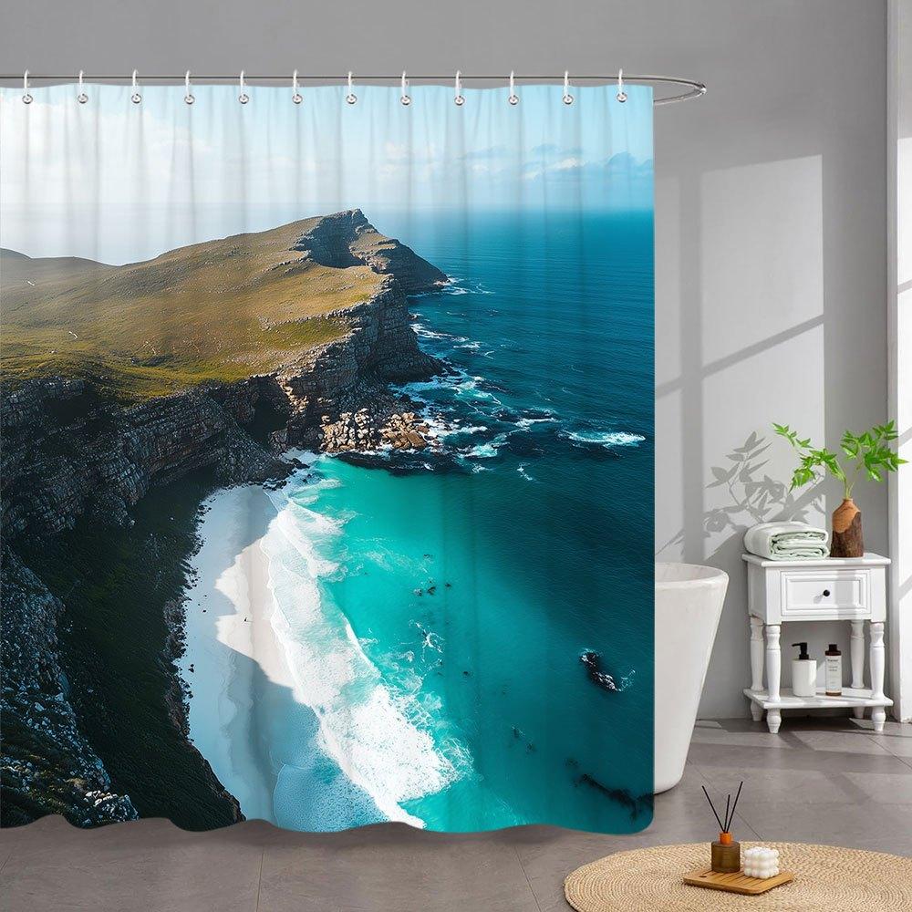 1pc Large Coastal Shower Curtain - Extra Wide 70x70 Inch Ocean Cliff & Turquoise Waves Design, High-Quality Polyester Fabric,