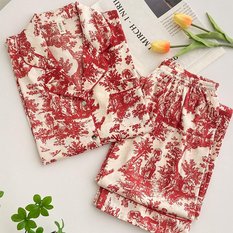 

Fashion Print Flower 2PCS Pajamas Set Women Sleepwear Spring Summer Trouser Suits Lounge Wear Loose Satin Homewear Pijamas Suit XXL червоний