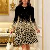 Women Long Sleeve Round Neck Midi Dress Vintage Ink Wash Plum Blossom Stripe Branch Dot Print Flared Dress