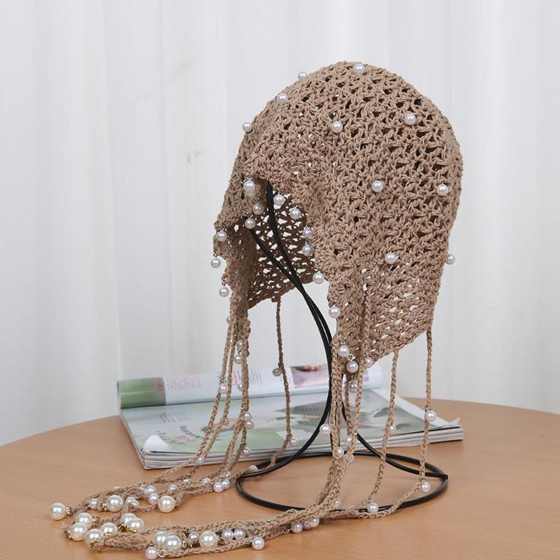 Elegant Pearls Beanie Hat Breathable Hat Y2K Crochet Beanie Hat Holiday Y2K Crochet Hat Encrusted Pearls