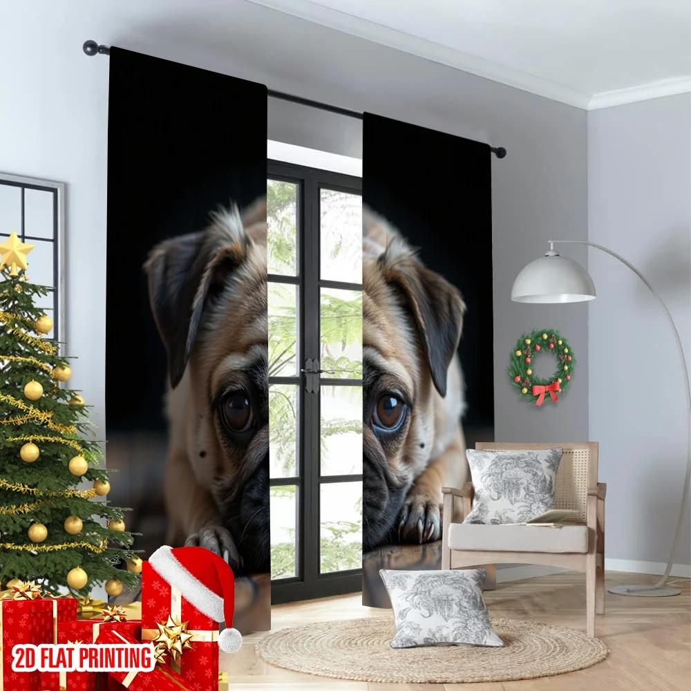 Flat Printing Window Treatment Curtains Cute Pug Puppy Portrait Digital Printed Polyester Drapes Family Party Decoration Curtain Set Of 2 Made
