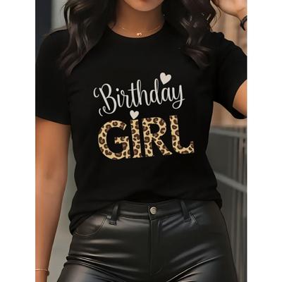 Europäische Größe Damen Schwarzes Geburtstags-Grafik-T-Shirt | Kurze Ärmel, Rundhalsausschnitt, Lässiges Party-T-Shirt, Leopardenmuster, Letter-Print, Bequeme Passform