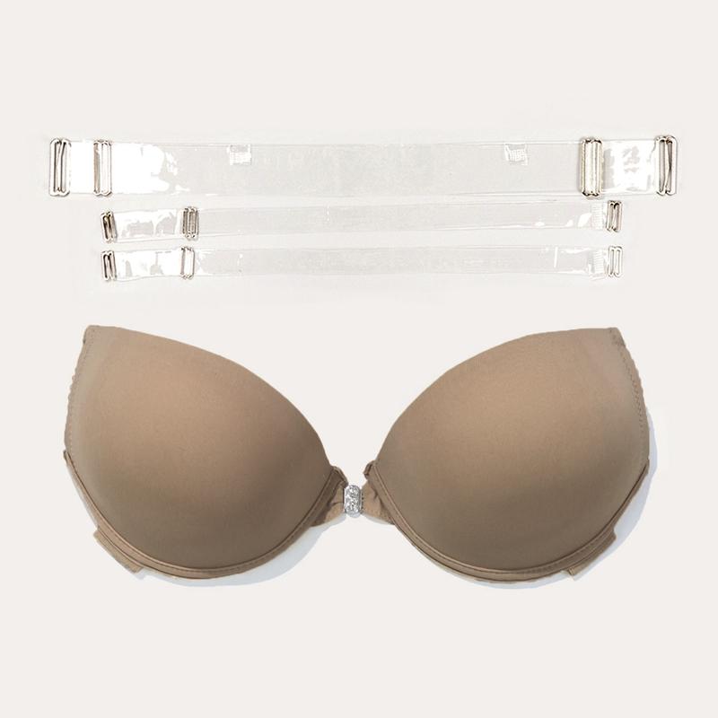 Women Backless Lingerie Set Strapless Bra and Thong with Transparent Straps Front Closure Lingerie Push Up Bra with Wire 32B-38B 32C-36C