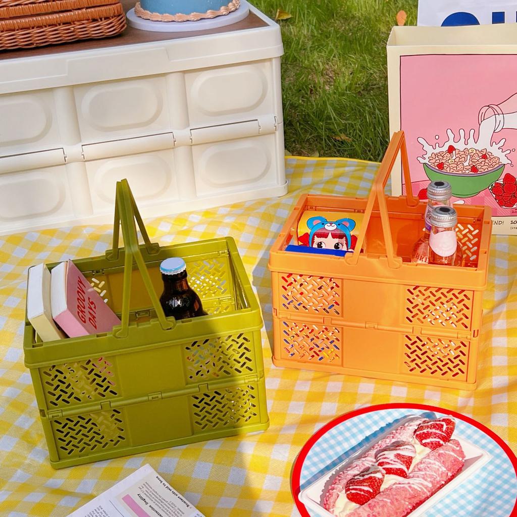 Zusammenklappbarer Picknickkorb, stapelbare Aufbewahrungsbox, Einkaufskorb aus Kunststoff mit Griffen für den Außenbereich