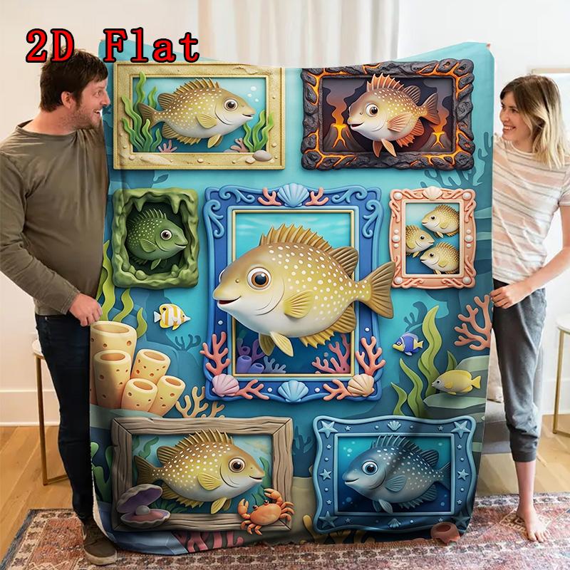 Underwater Fish Frames 2D Flat Pattern Flannel Blanket, High Quality All Seasons, Home Decor, Warmth and Comfort, Perfect for Christmas Gifts.