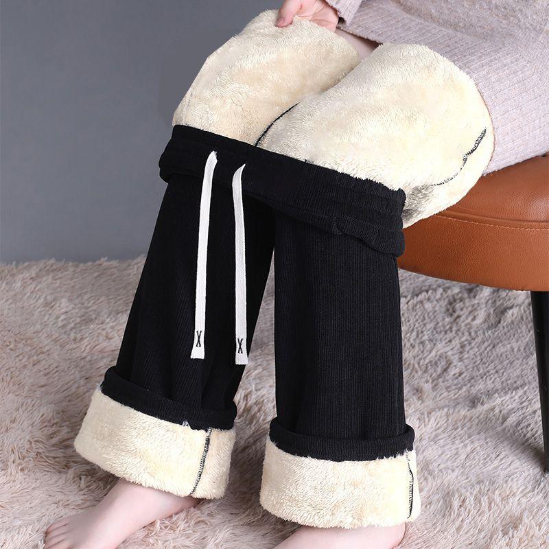 Chenille wide-leg pants women's autumn and winter new plus velvet pants women's straight casual warm lambskin pants