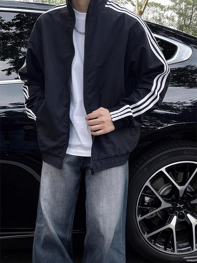 Men's Retro 3 Stripe Stand Collar Track Jacket Casual Short Bomber Sports Coat