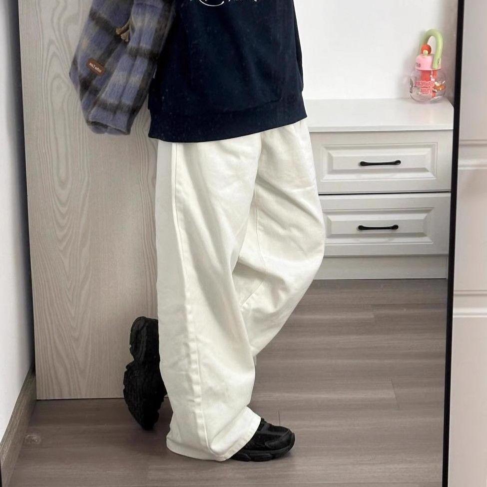 

Унисекс Хлопковые Японские Ретро Широкие Брюки Карго, Универсальные Повседневные Свободного Кроя для Мужчин и Женщин L белый