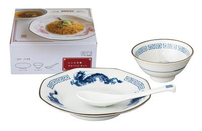 Marusan Kondo Set and for Fried Microwave Retro Chinese 04941 3-Piece (Plate, Bowl, Spoon) Rice, Safe, Blue, Style, Gift,