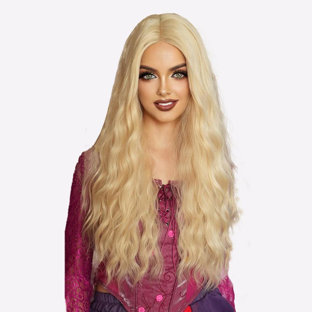 Hocus Pocus Witch Wig -Golden Blonde Wavy Halloween Hair with Middle Part, Premium Cosplay Synthetic Hair for Women, 90s Party Accessories