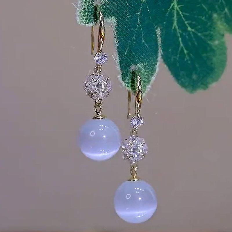 Fashion Temperament Opal Ball Earrings Women, Niche Design Ear Hooks Light Luxury High-end Earrings