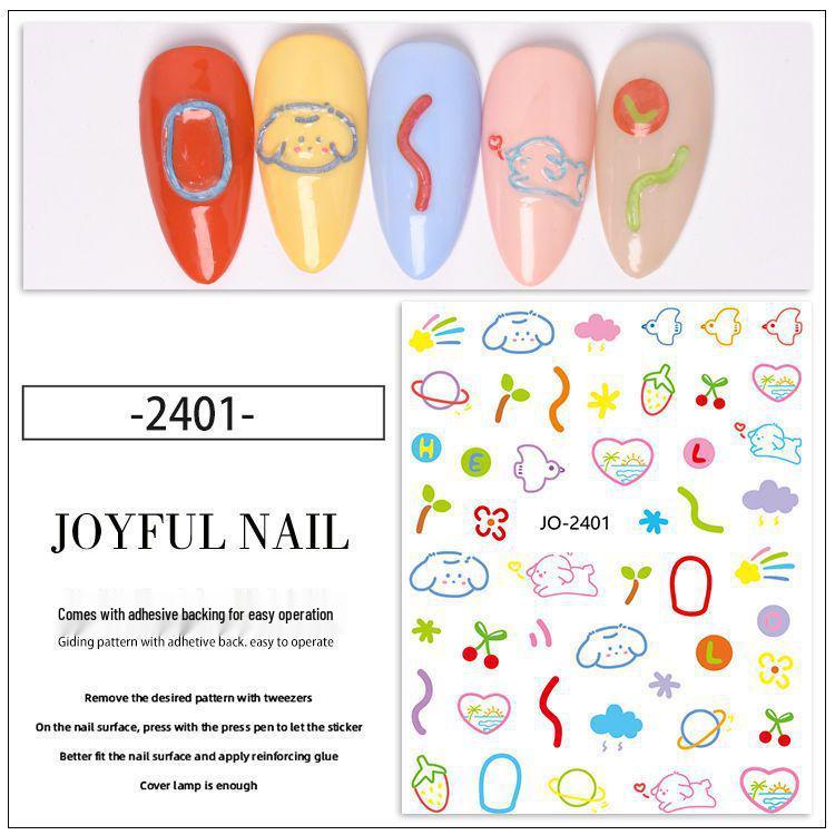 Cartoon Graffiti Nail Stickers: Kitten, Rabbit, Puppy, Starburst, Butterfly Designs with Adhesive