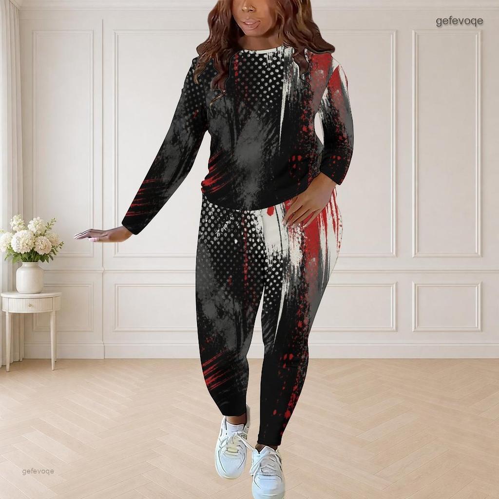 Women Plus Size Two Piece Set Round Neck Long Sleeve Printed Top And Fitted Pants Pink Purple Black